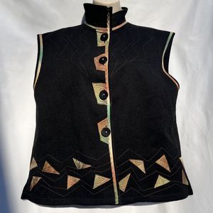 VTG Joyce Fogle Black Felted Wool Vest Dyed Silk Cut Outs Handmade Custom Sz S